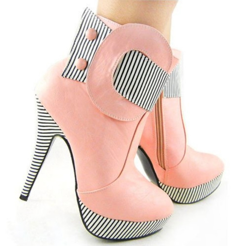 Show Story Barbie-Core Stiletto Heel Stripe Button Platform Ankle Boot Sz 40/8.5